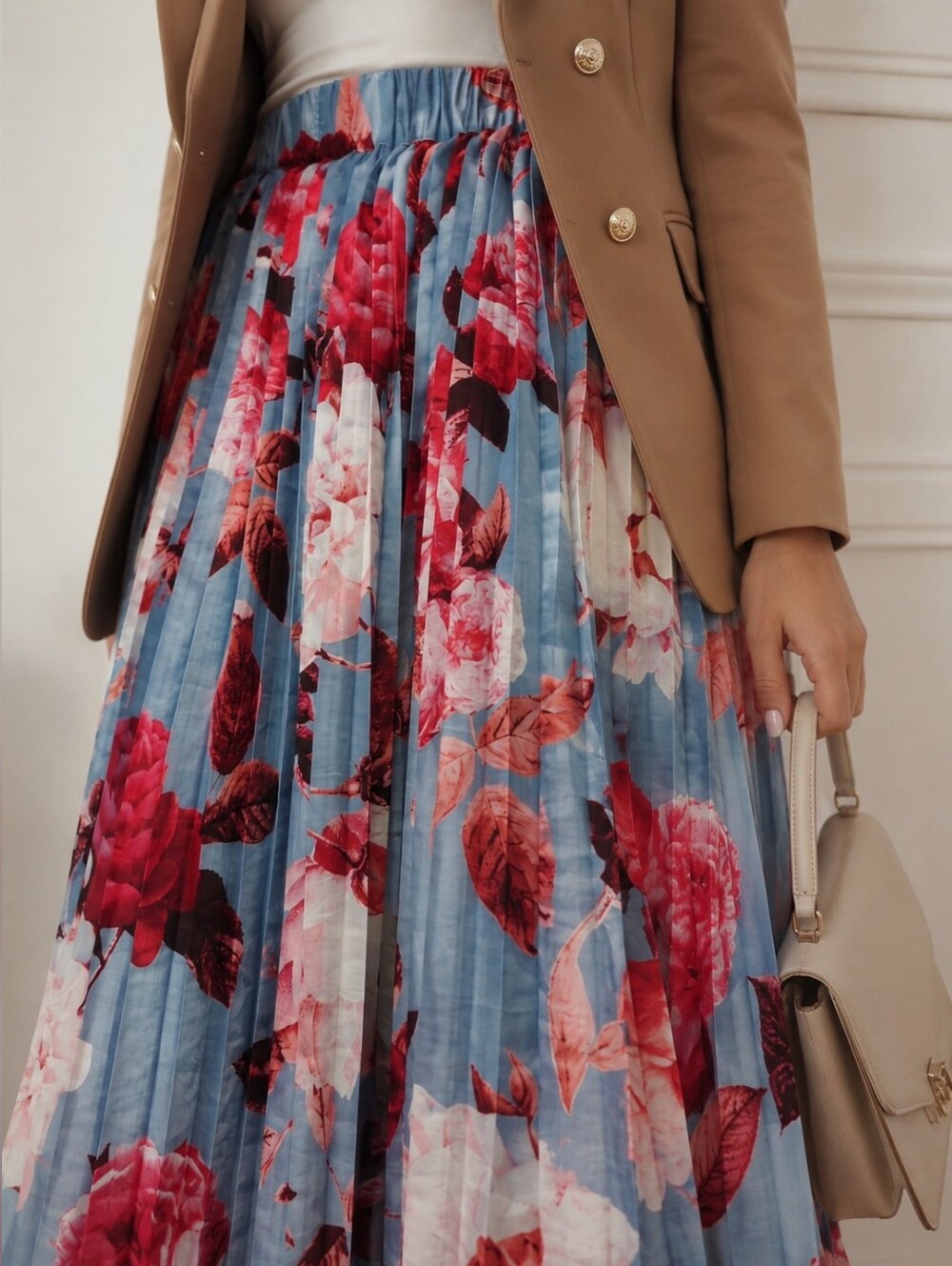 Guess Blue Pleated Skirt with Pink Floral Print